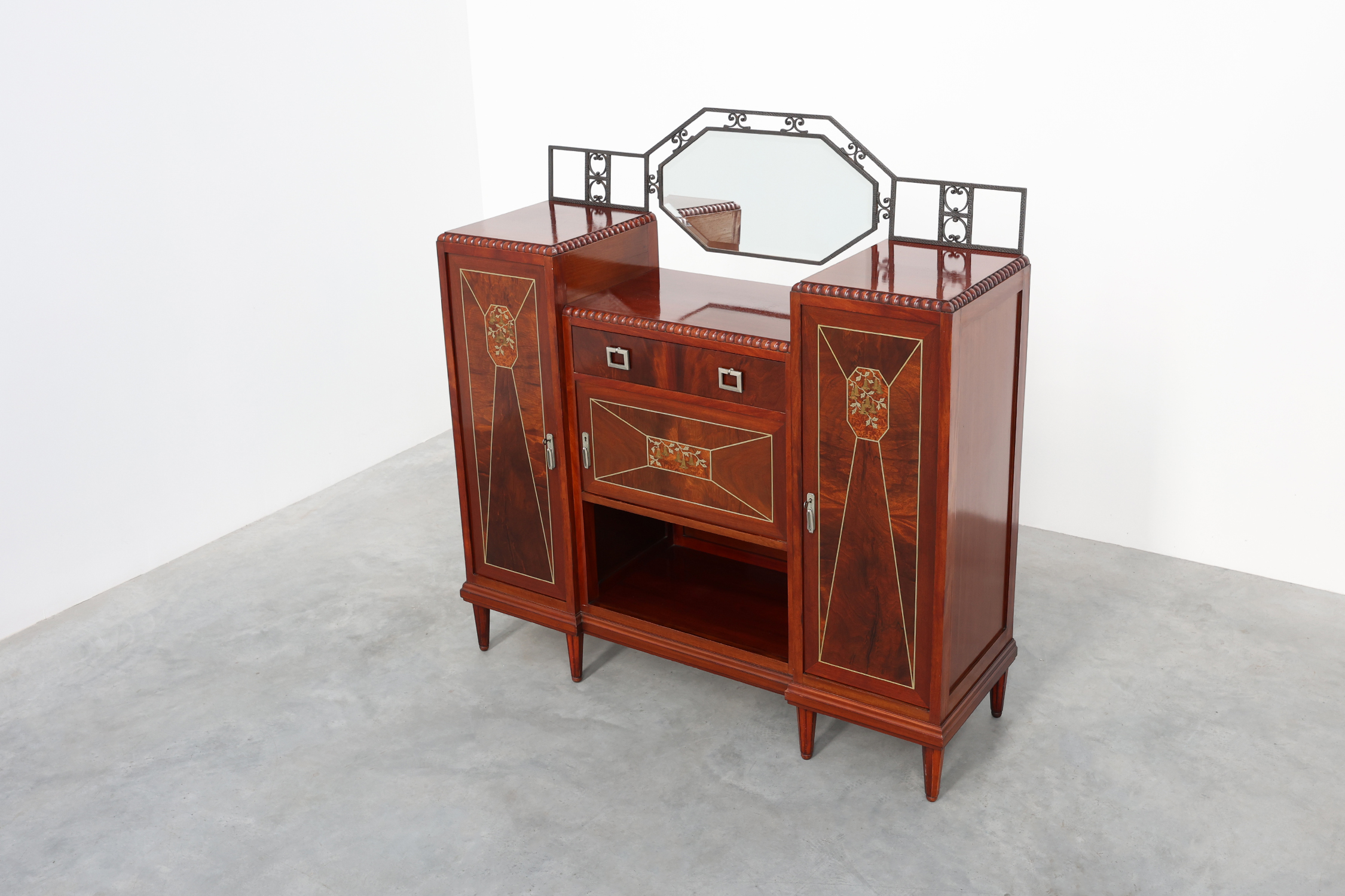 Art Deco marquetry cabinet with wrought-iron mirror crest, Belgium, ca. 1925 thumbnail